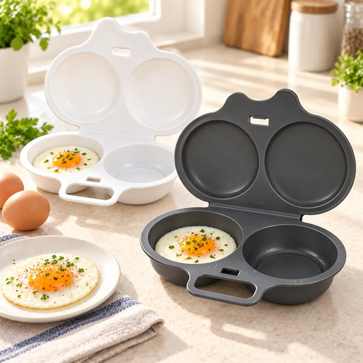 2-Cavity Microwave Egg Cooker, Non-Stick Egg Poacher with Lid, Quick Breakfast Maker for Poached Eggs, Omelets & Steamed Eggs, Easy-to-Clean Kitchen Tool for Daily Cooking