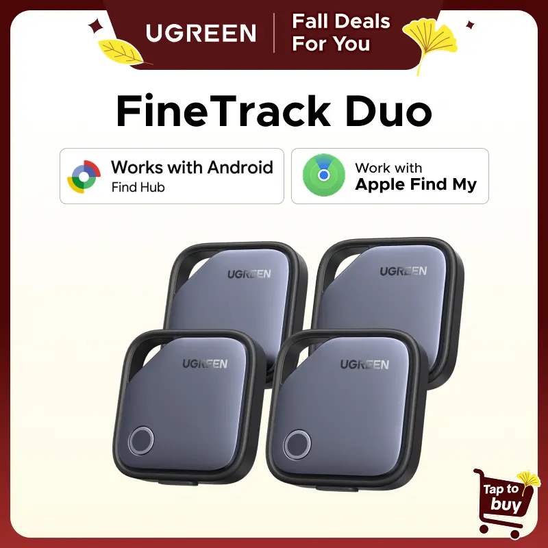 UGREEN Finder Duo (iOS and Android) Air Tracker Tags 4 Pack, 1-Year USB-C Rechargeable Battery Bluetooth Tracker Compatible with Apple Find My or Find Hub App, Item Finder Smart Tag for Key Luggage,tiktokshopfalldealsforyou,techvibes