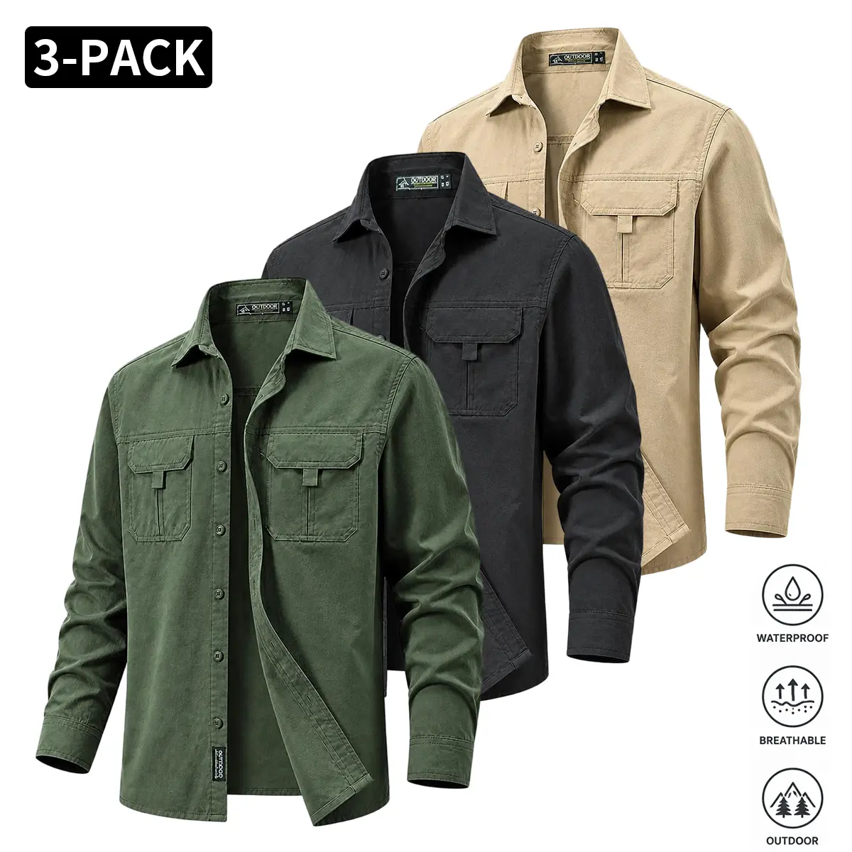 Men’s 3-Pack Outdoor Workwear Long-Sleeve Shirts – Waterproof, Breathable, Multi-Pocket Turn-Down Collar Casual Shirts for Spring/Autumn