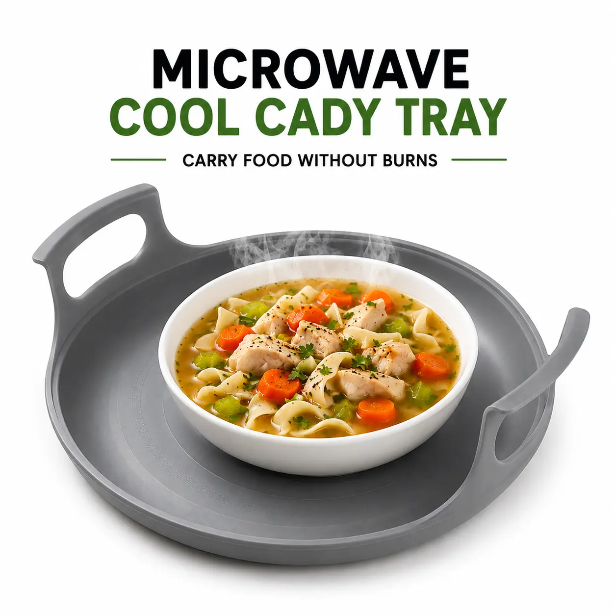 Microwave Cool Caddy Tray with Handles - Home Kitchen Accessory Utensil, Carry Hot Dishes, Cleanup Boil-Overs, Fits 5.2” to 10” Plates & Bowls, 12”x10.5”x3” Dimensions, Utensils