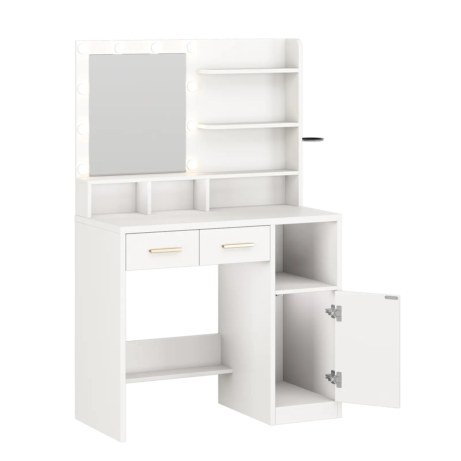 White Makeup Vanity Desk (Home Accessory, Room Decor, Furniture) – Easy Assembly, 3-Color LED Bulbs, Power Outlet, Open Storage Shelves, Cabinet Drawers, Desk Accessory for Bedroom, Makeup Dressing Table, Modern Makeup Dresser