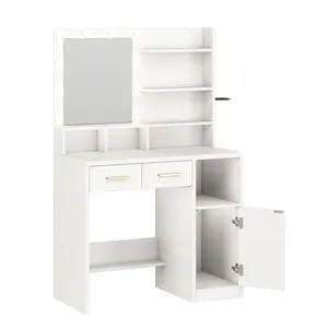 Vanity Desk White Easy Assembly Makeup Table with Mirror 3 Color LED Bulbs Power Outlet Open Storage Shelves Cabinet Drawers for Bedroom