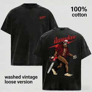 Vintage Washed 100% Cotton Lumberjack Graphic T-Shirt for Men Women, Funny Bigfoot Chainsaw Print Tee, Outdoor Woodcutter Style Unisex Shirt, Oversized Loose Fit Crewneck, Casual Streetwear Novelty Summer Top