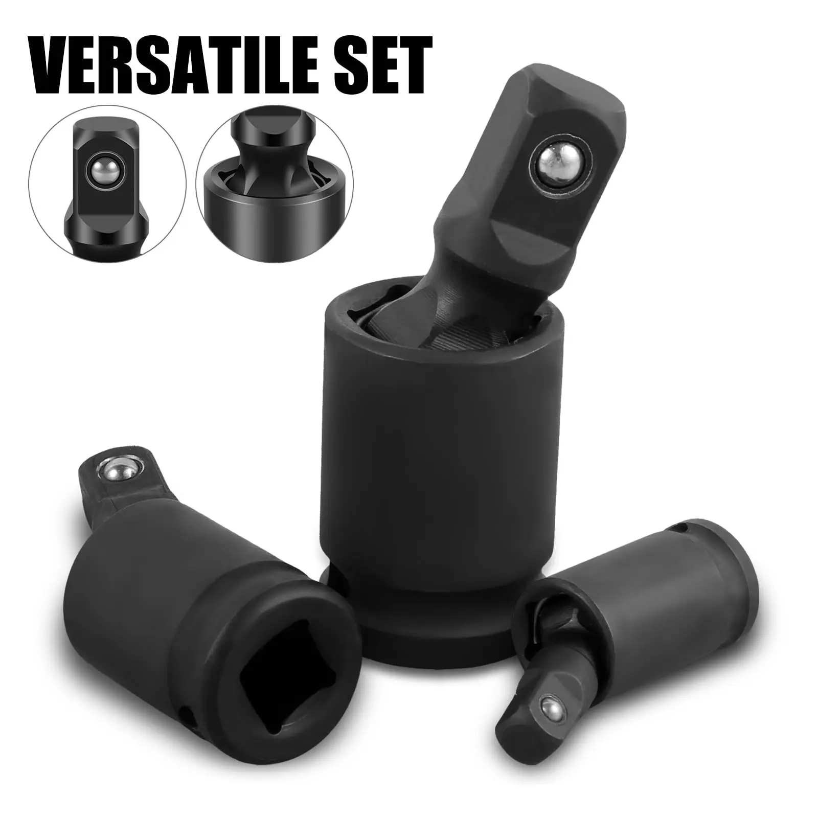 3-Count Black Chrome Molybdenum Steel (Cr-Mo) Impact Socket Adapter Set - 1/2in, 3/8in, 1/4in Sizes, 360-Degree Full Rotation U-Joint, for Electric Wrenches, Pneumatic Impact Wrenches, Battery Tools, Drill Access