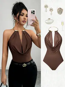 Women’s Brown Metal Collar Bodysuit Sexy Draped Pleated Slim Fit Sleeveless Mature Chic Top Elegant Party Date Night Semi Formal Fashion Jumpsuit Outfit For Women