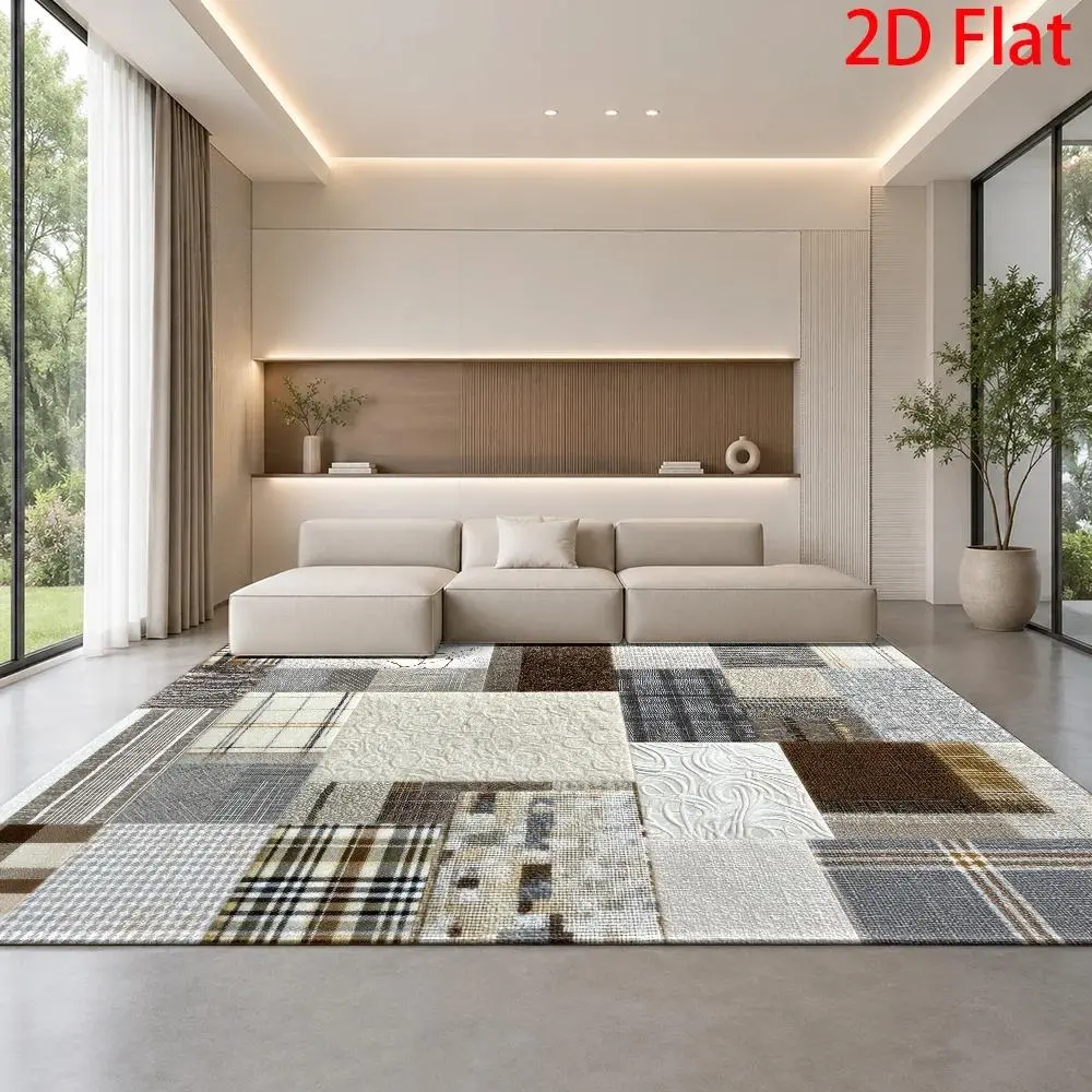 2D Flat Patchwork Plaid Quilted Texture Rug - Durable, Soft, Machine Washable, Reusable, Non-Shedding, Low Pile Boho Rug for Modern Rustic Home Decor, Living Rooms, Bedrooms (Teenage Boy-Focused Indoor Room Decor Carpet)