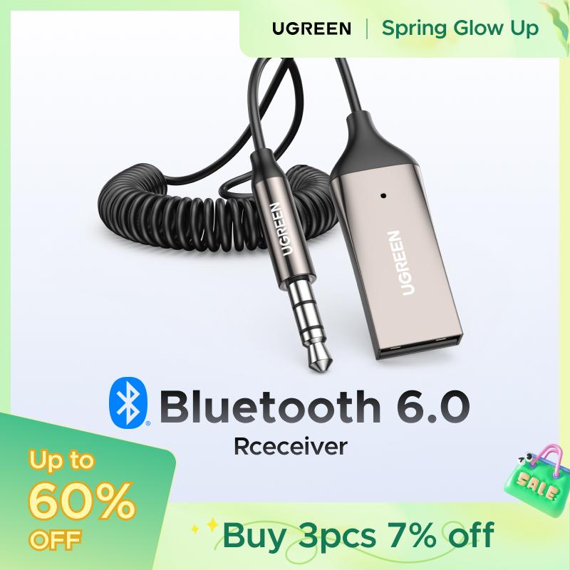 UGREEN Aux to Bluetooth 6.0 Adapter Wireless Receiver for Car Hands-Free with Built-in Microphone AUX 3.5mm Stereo Audio