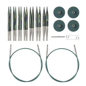 Knitting Tools Set – Short Interchangeable Circular Needles with Green Cables for Knitting Projects – Caspian Options