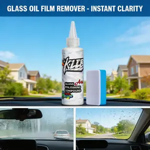 Car Glass Oil Film Remover Kit, 150ml Professional Windshield Polishing Compound with Sponge Applicator, Removes Stubborn Water Spots & Residues for Crystal Clear Night Driving Extendable Microfiber Cleaner Summer Interior Cleaning Kit restoration