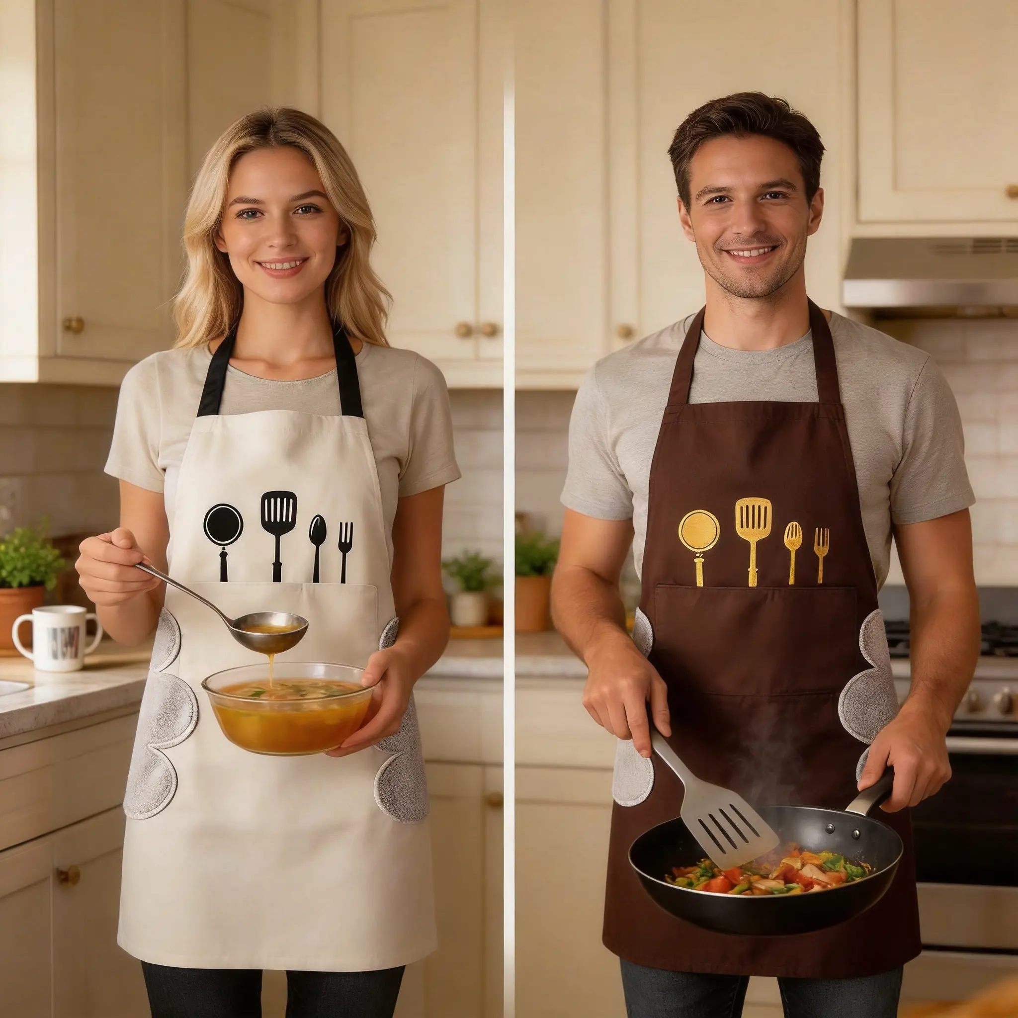 Unisex 2-Piece Waterproof Oilproof Chef Aprons with Hand Wipe, Pockets, Easy Clean, Lightweight for Home Kitchen, BBQ Use