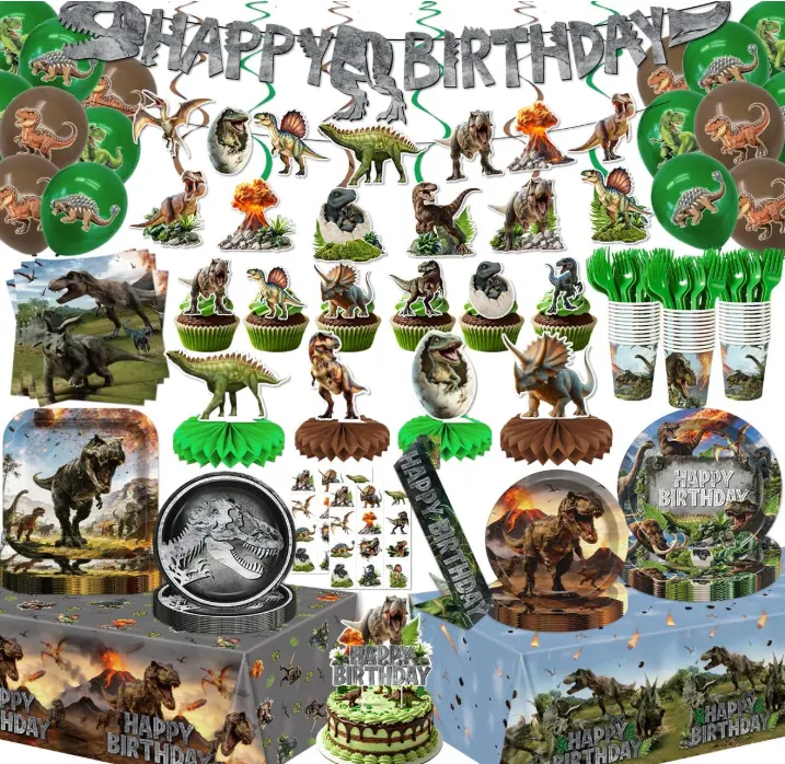 Disposable Dinosaur Birthday Party Decorations & Tableware Boxed Set (Serve 26 Guests) - Plastic Paper Plates, Napkins, Tablecloths, Balloons, Banner, Hanging Swirls, Honeycomb Tops, Honeycomb Centerpieces with Photo-Worthy Design