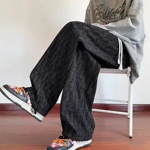 Men’s corduroy casual straight-leg plaid pants for spring/autumn, trendy and versatile high-street athletic style