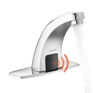 VEVOR Touchless Bathroom Sink Faucet, Automatic Motion Sensor Restroom Toilet Faucet with Hole Cover Plate, Battery Operated,Hot/Cold Water for 9/16 in Pipe Commercial Lavatory,Chrome Plated Silver