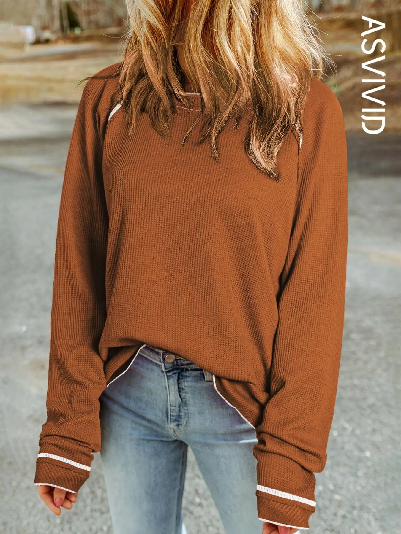 Women's Plain Contrast Binding Long Sleeve Waffle Knit Top, Casual Raglan Sleeve Round Neck Top for Fall & Winter, Fashion for Daily Wear