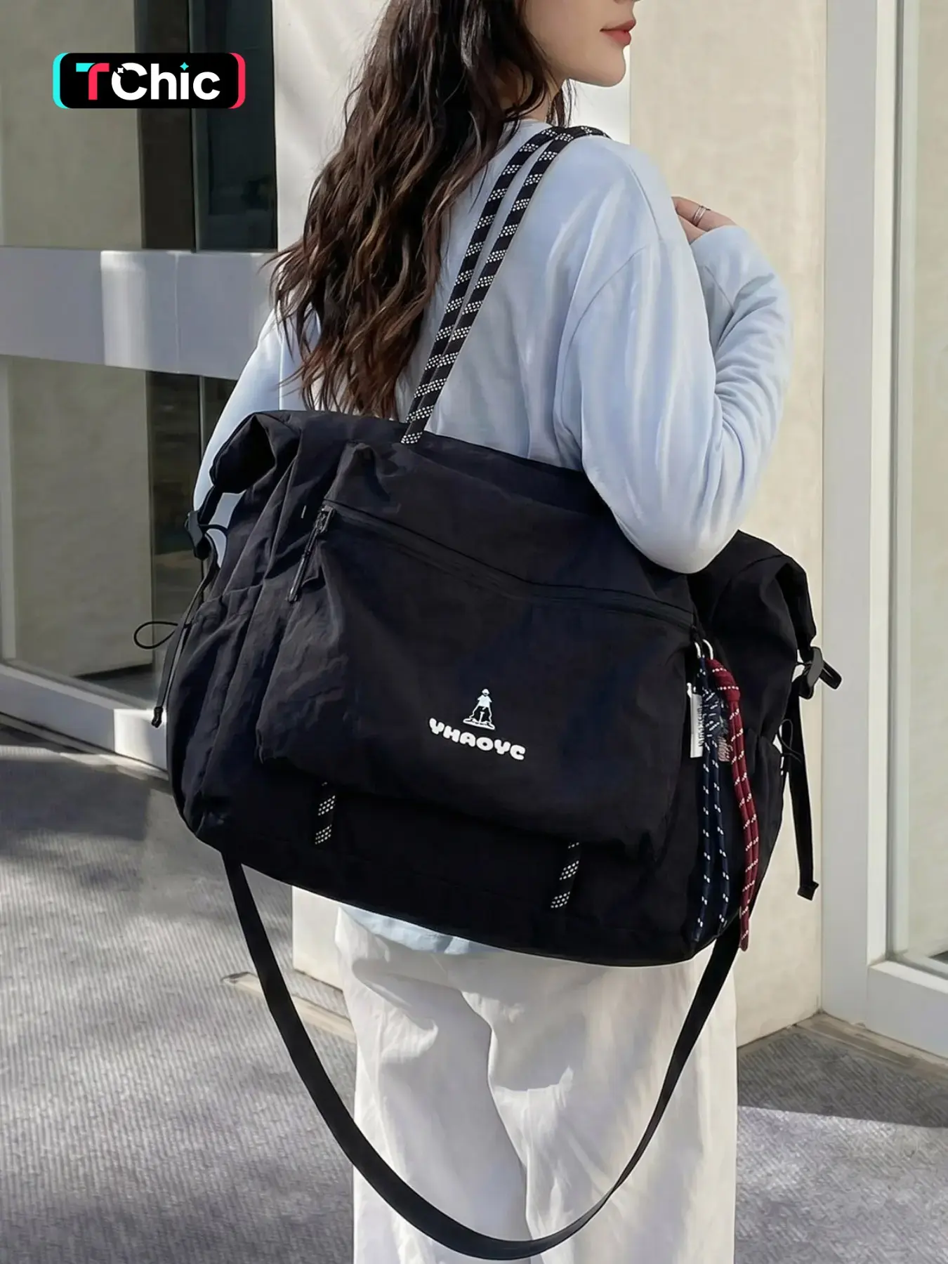 Large Capacity Tote Bag, Multi-Pocket Daily Commuter Bag School Travel Crossbody Shoulder Handbag, Crossbody Purse, Preppy Style, All Seasons, Fabric Material, Crossbody Fashion Bag