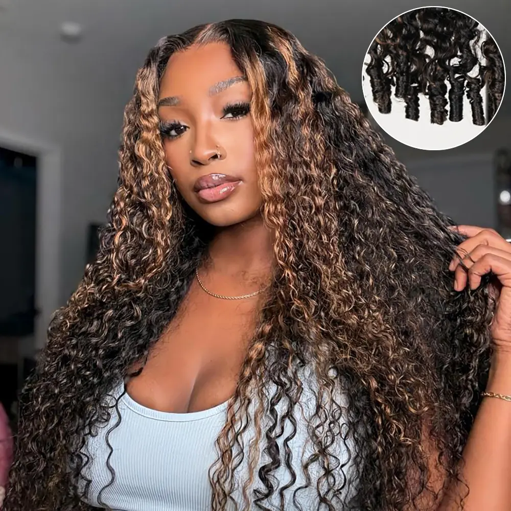 QUANDIAN 13X6 Burmese Curly Glueless Highlight Lace Front Wigs Human Hair Pre-Cut HD Lace Beginner Friendly Pre Bleached Upgraded Drawstring for Women, Curly Hair
