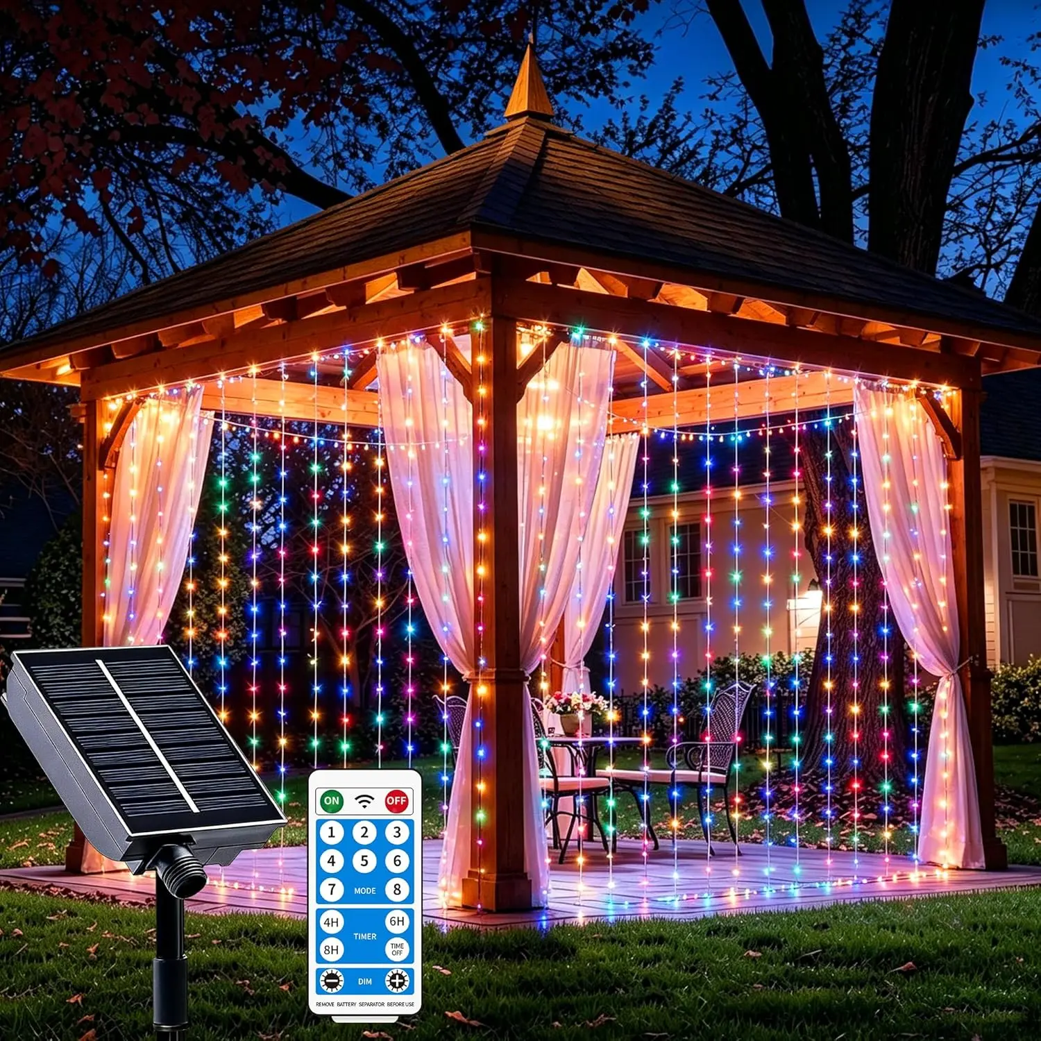 Solar Curtain Lights Outdoor Waterproof, 300LED 9.8x9.8FT Fairy String Lights with USB-C & Solar Charging, Remote Timer Twinkle Waterfall Lights for Patio Garden Wedding Decor (Colorful/Cool White/Warm)