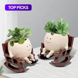 Funny Resin Flower Pot Sitting on Rocking Chair, Unique Decorative Home Decor Planter with Drainage Holes, Creative Gift for Family, Swinging Planter