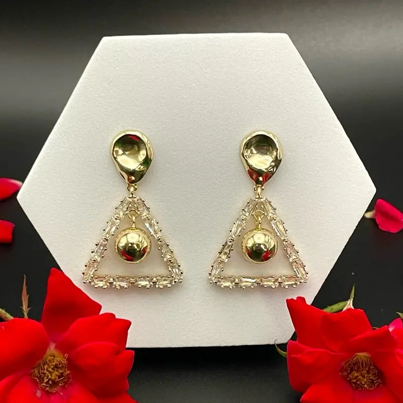18kt Gold Plated Triangle Drop Earrings with Central Ball Design and Elegant Triangle Shape