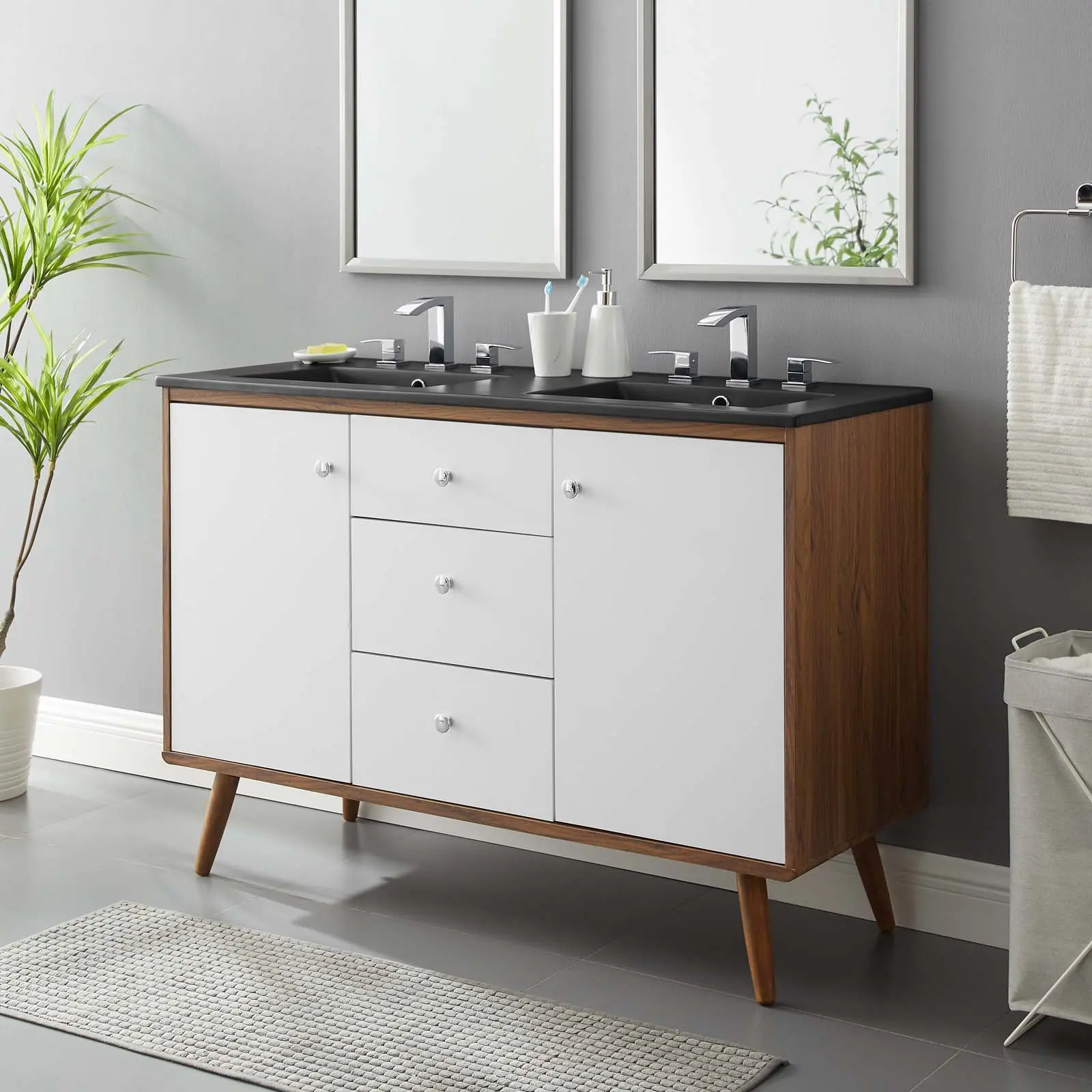 Modway Transmit 48-in Modern Dual Sink Bathroom Vanity, Walnut Black Finish (Home Improvement Bathroom Fixture Set)