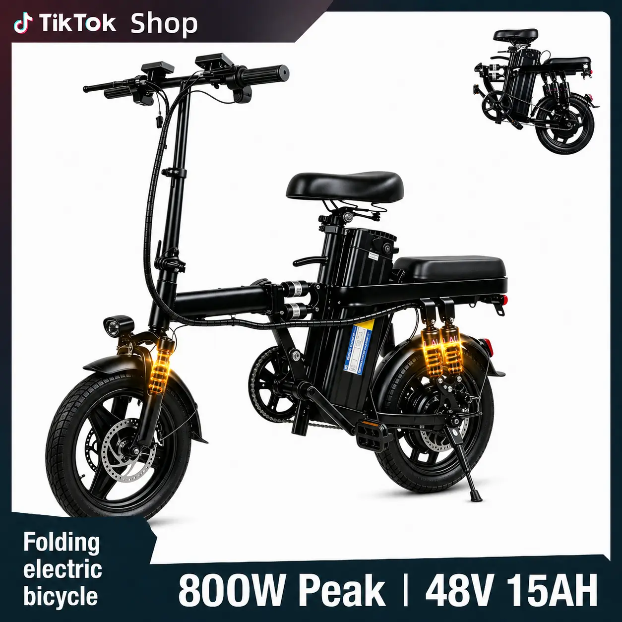 Adult Commuter Folding Ebike, 800W Peak Motor Steel Frame E-Bike for Adults, 48V 15Ah Removable Battery, Up to 31 Mi Range, 20MPH Top Speed, 14-Inch Fat-Style Tires, Full Suspension, Dual Disc Brakes, Easy Storage for Daily Commute