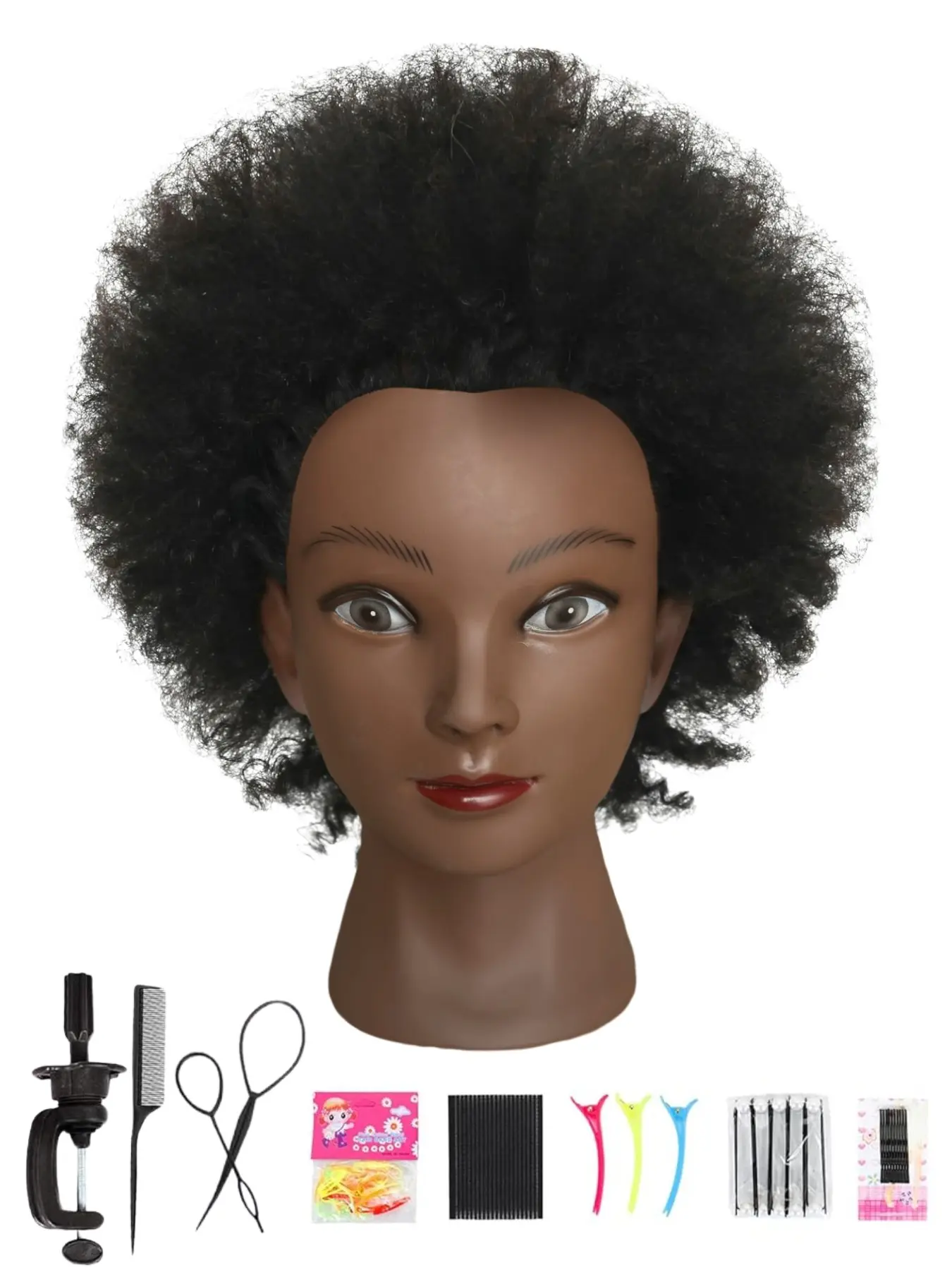Afro Curly Mannequin Head with 100% Human Hair 4-6'' Curly Hair Hairdresser Hair Styling Cosmetology Manikin Doll Head for Hairdresser Braiding Practice Hairstyling with Free Clamp Holder Adjustable Wig Head