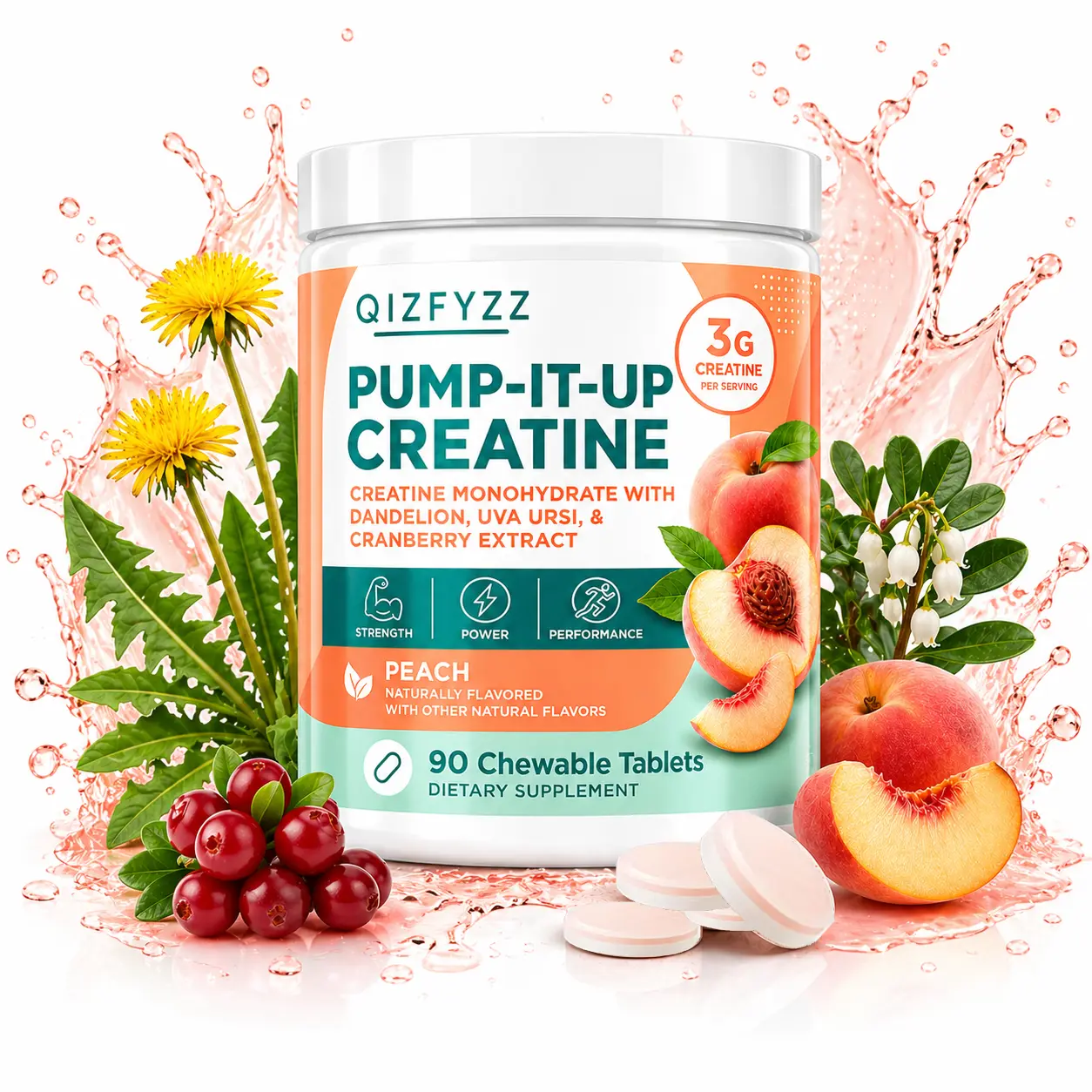 Peach Creatine Chewable Tablets – 3g Creatine Monohydrate Per Serving – Exercise Performance & Energy Support – With Dandelion, Uva Ursi & Cranberry Extract – 90 Count