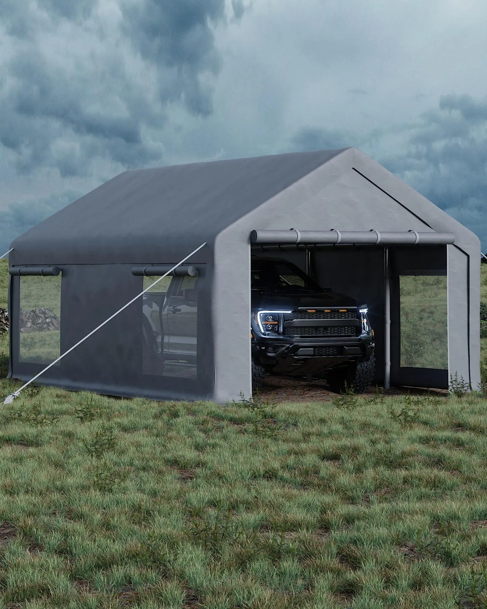 Gaomon Adjustable Sunshade Polyester Canopy - 12x20 ft Metal Frame Carport Cover (Gray, 200g PE Tarp), 2 Roll-Up Doors, 4 Windows, Ventilation, 960 lb Roof Load, for Full-Size Pickups/SUVs, Sun Protection, Ideal for Weddings/Parties