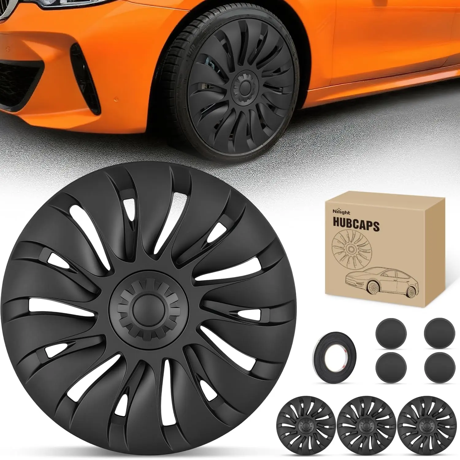 Nilight 19" Matt Black Multi-Spoke Uberturbine Style Automotive Wheel Covers (Set of 4), Easy to Install Tool-Free, Car Rim Scratch Guard, 19" Y Fit 2021-24 Tesla Model Y Gemini, High Hardness & Durability ABS Center Hub, Weatherproof