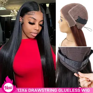 [Limited Stock]Yawawe Hair 13x6 HD Full Lace Frontal Glueless Wig Drawstring Wear Go 7x5  Glueless Wigs Brazilian Straight Pre-Cut Pre-Plucked Human Hair for Women Natural Black with free Sideburns Stickers