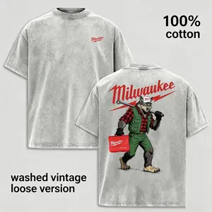 Men's Loose Fit Washed Vintage Werewolf Pattern T-Shirt - 100% Cotton Milwaukee Graphic Tee, Comfortable Casual Top for Daily Wear, Unique Birthday Gift for Husband Boyfriend Son or Dad