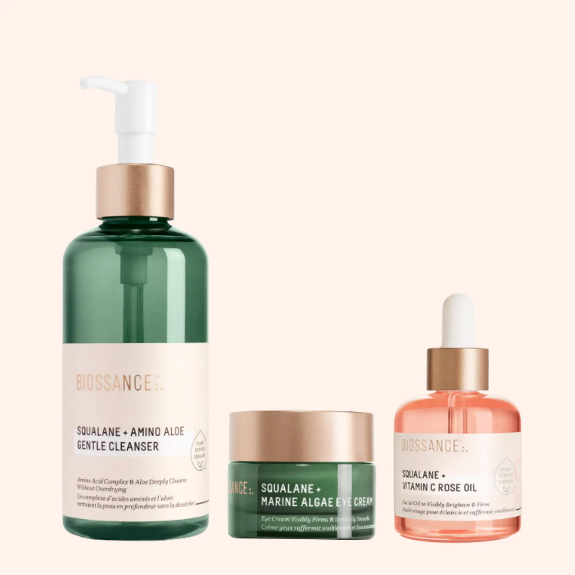 Biossance The Bump Approved Must-Have Skincare Set – Vitamin C Rose Oil, Amino Aloe Gentle Cleanser & Marine Algae Eye Cream – Pregnancy-Safe Glow & Hydration Essentials