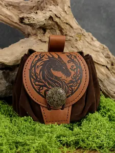 Medieval Dragon Embossed Leather Belt Pouch – Norse Helm of Awe Drawstring Bag, Vintage Brown Suede & Leather Belt Pouch for LARP, Renaissance Festival, Cosplay, Dice & Coin Storage, Ideal for Viking, Dragon & Fantasy Enthusiasts, Belt Bags