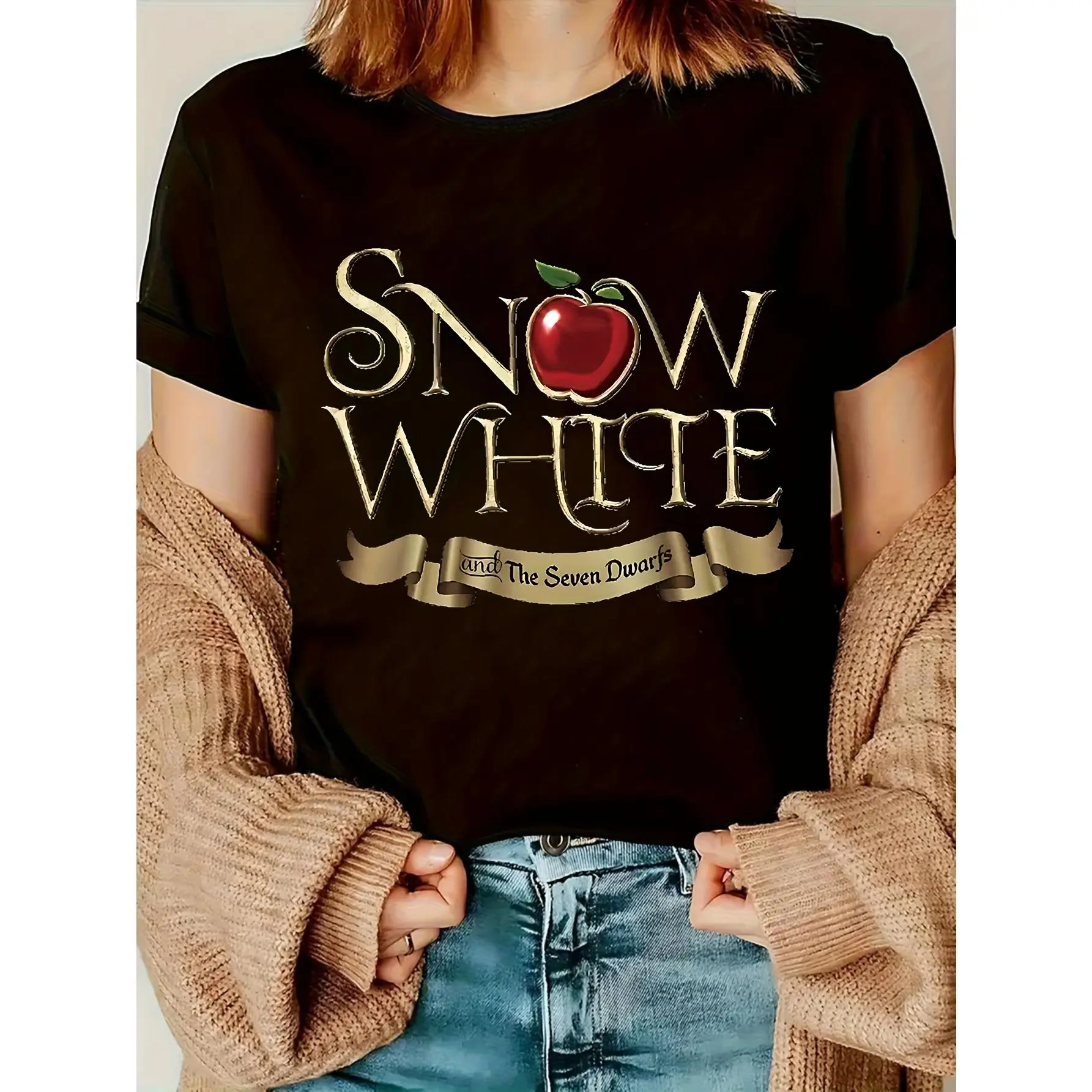 [1pc Vintage Tee] Vintage Fairy Tale Short Sleeve T-Shirt 1pc | Women's Casual & Versatile Tee with Snow White & Seven Dwarfs Print | Perfect for Birthdays & Holidays, Birthday Gift