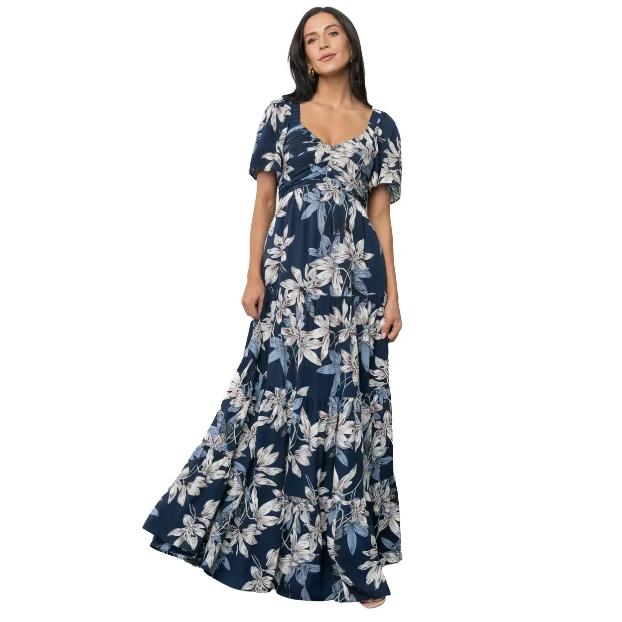 Women's Casual Blue Floral Villa Maxi Dress, Short-Sleeve, Polyester Elastic Fabric, Comfortable Beach Wear, Shortsleeve
