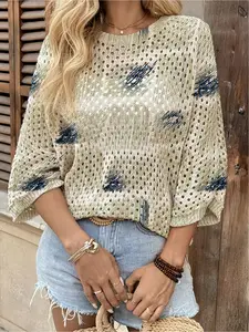 Spring & summer Bohemian Knit Sweater, round neck, hollow-out batwing sleeves, loose fit. Contrast print, lightweight. Suitable for daily, commute, vacation and beach bikini cover-up, casual and elegant.