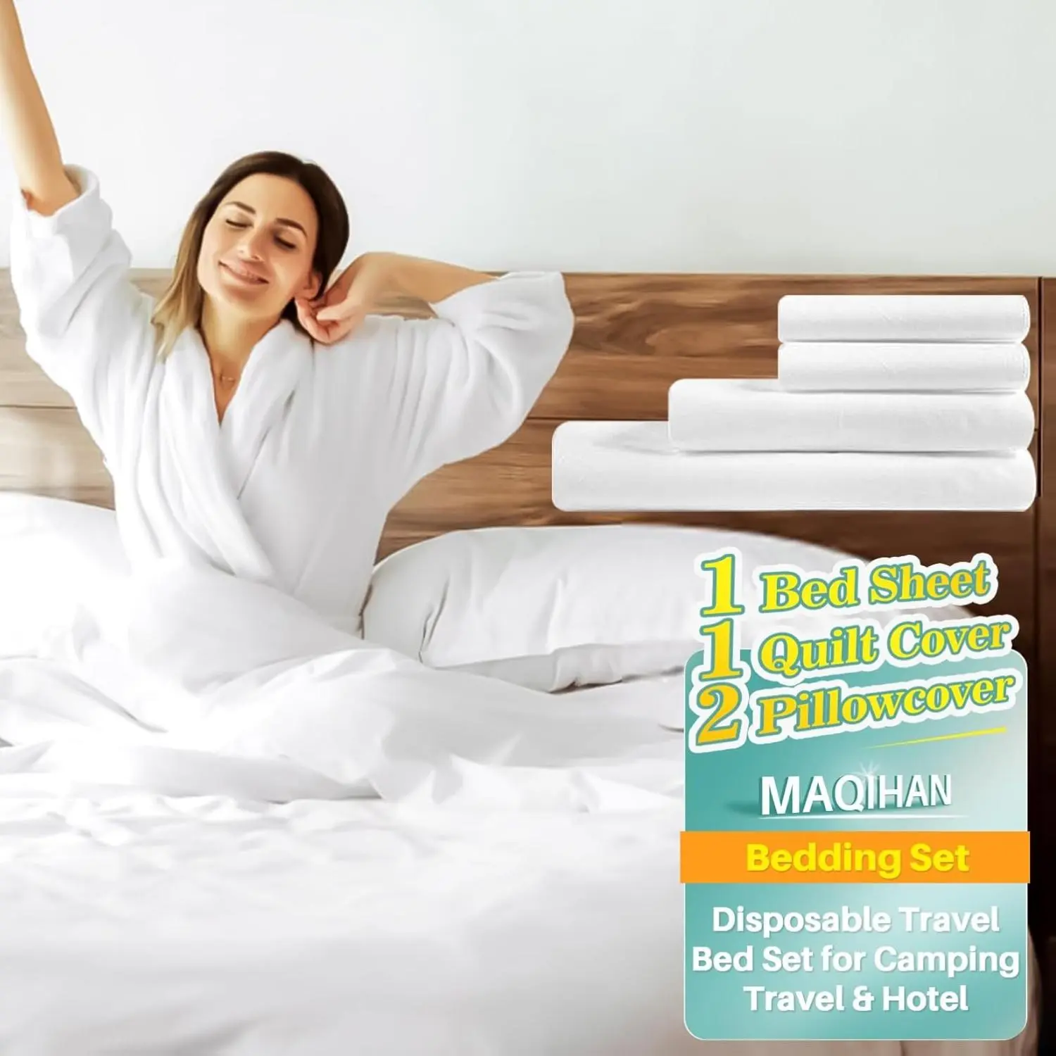 Travel Bed Set - 4Pcs Disposable Bedding Set 1Bed Sheet 1Quilt Cover 2Pillowcover Breathable Bedding Sheets Portable for Camping Travel & Hotel