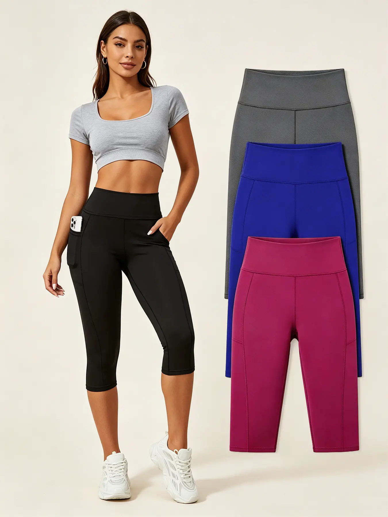 Women's Capri Pants, High Waisted Mixed Color Cropped Pants (Black, Grey, Navy, Wine), Tummy Control Firm Fit, Breathable