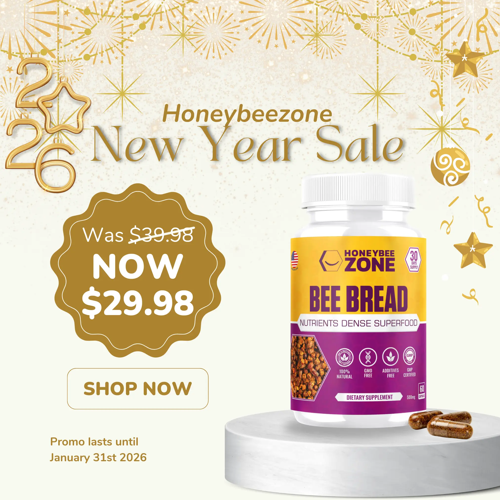 Honeybeezone Natural Bee Bread Capsules – Nature's Fermented Superfood for Immunity, Energy, & Wellness – 100% Raw & Natural (60 Capsules)
