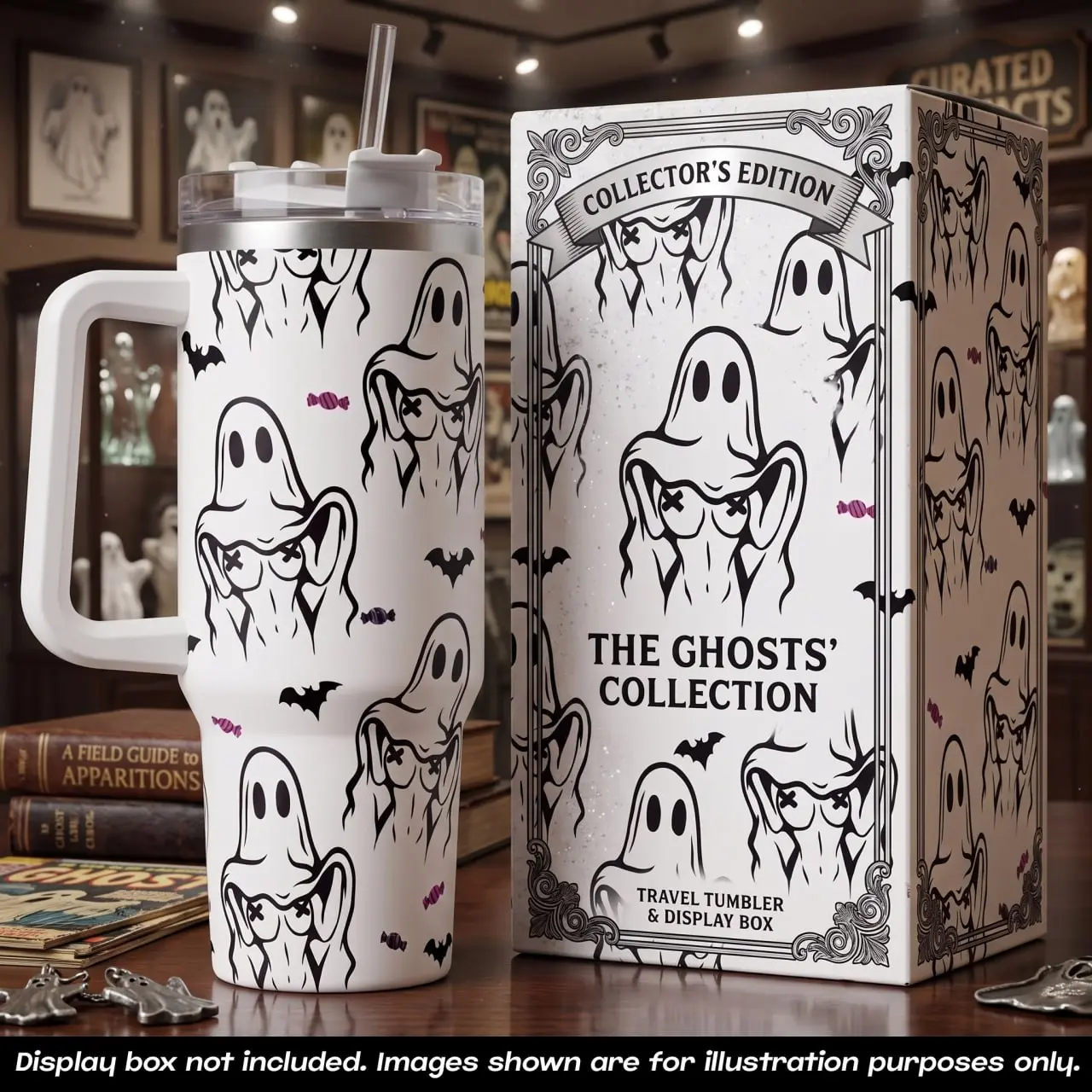 Cute Ghost Halloween 40oz Tumbler With Handle & Straw, Spooky Ghost Pattern Insulated Stainless Steel Travel Mug, Kawaii Halloween Cup, Fall Aesthetic Drinkware, Boo Ghost Lover Gift, Reusable Coffee Tumbler