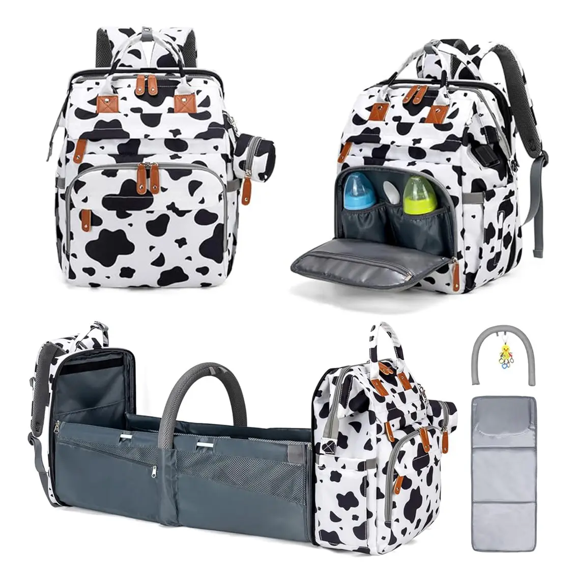 KABAQOO Stylish Cow Print Diaper Backpack, 4-in-1 Waterproof Oxford Baby Bag for Travel with Foldable Bassinet, Mosquito Net, USB Port & Insulated Pockets, Diaper Bag, Foldable Bed, Oxford Fabric, Eco-Friendly, Lightweight Diaper Handbag