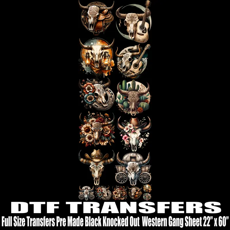Western Theme DTF Transfer for T-Shirts - Black Knocked Out Premade Gang Sheet, DIY Crafts Supplies, 22x60 Inches, Rectangular Warm Peel, Hot Melt Adhesive Powder, 300-310°F, Vibrant Parchment Matte, Ready to Press, Quick Shipping for Casual Tees