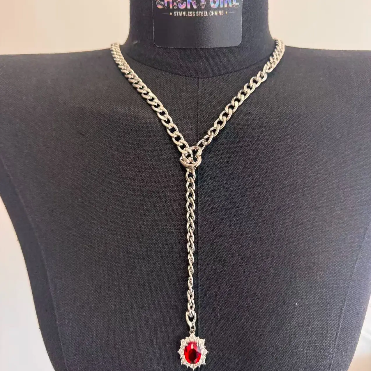 Oval Gem Slip Chain Jewelry Necklace, sliver, Adjustable Durable Thick Chain for Couples, Gf, Bf, Fashion Jewelry for Alternative Women & Men, Gothic Girl Chain Daily Collar, Altfashion Necklace with Pull Chain