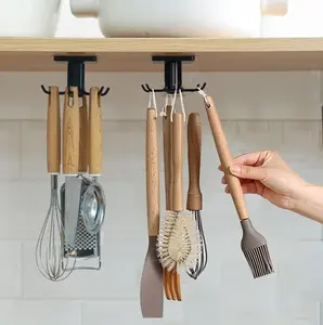 [New Deal] 2 PCS Drilling-Free Adhesive Under Cabinet Kitchen Utensil Hooks, 360° Rotating Black Wood Hanging Rack for Work Tools, Towels, Knives
