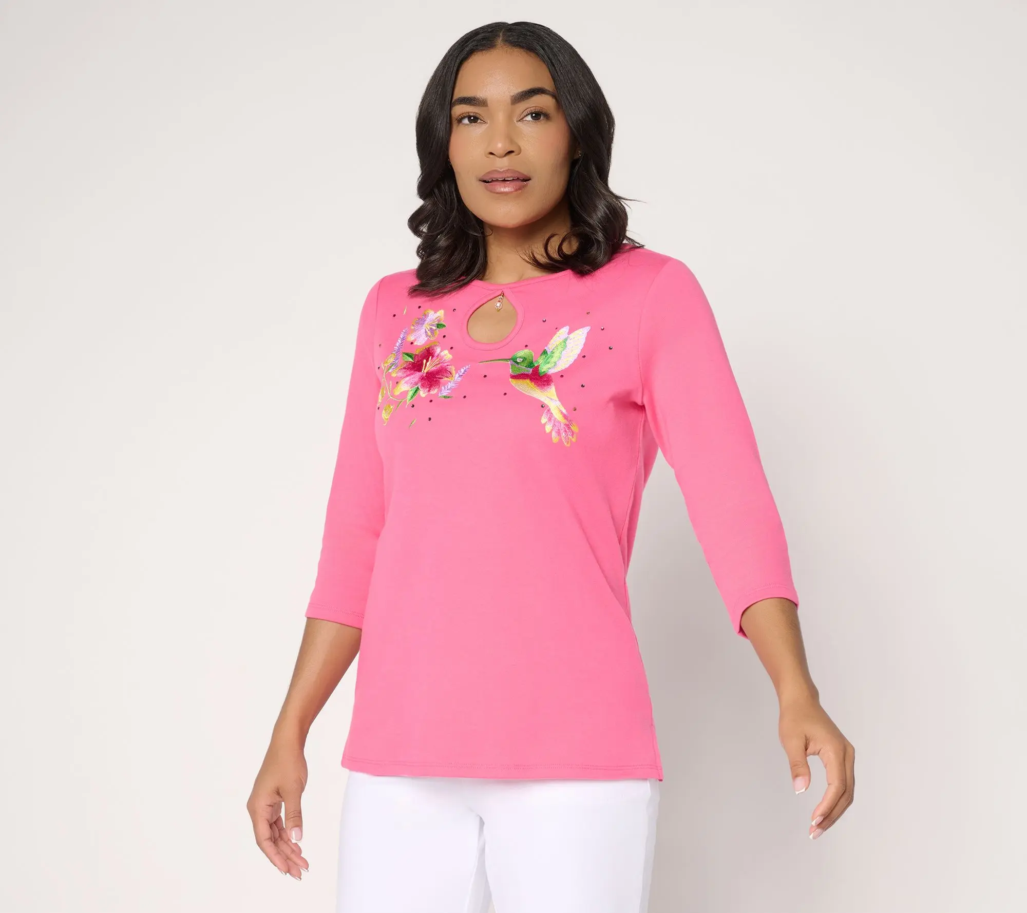 Quacker Factory Dixie Hummingbird Keyhole 3/4 Sleeve Top