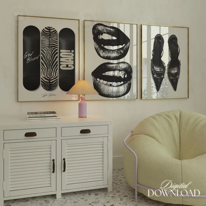 Stockholm Black and White Fashion Wall Art Set of 3 Digital Download, Chic Lips Print, Vintage Heels Poster, Trendy Skateboard Gallery Wall