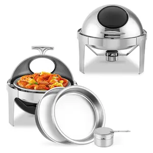 GARVEE Roll Top Chafing Dish Buffet Set with Visible Window, 6.8 Quart Full Size Pan Chafer, Round Stainless Steel Set, for Wedding, Parties, Banquet, Catering Event, 1 Pack