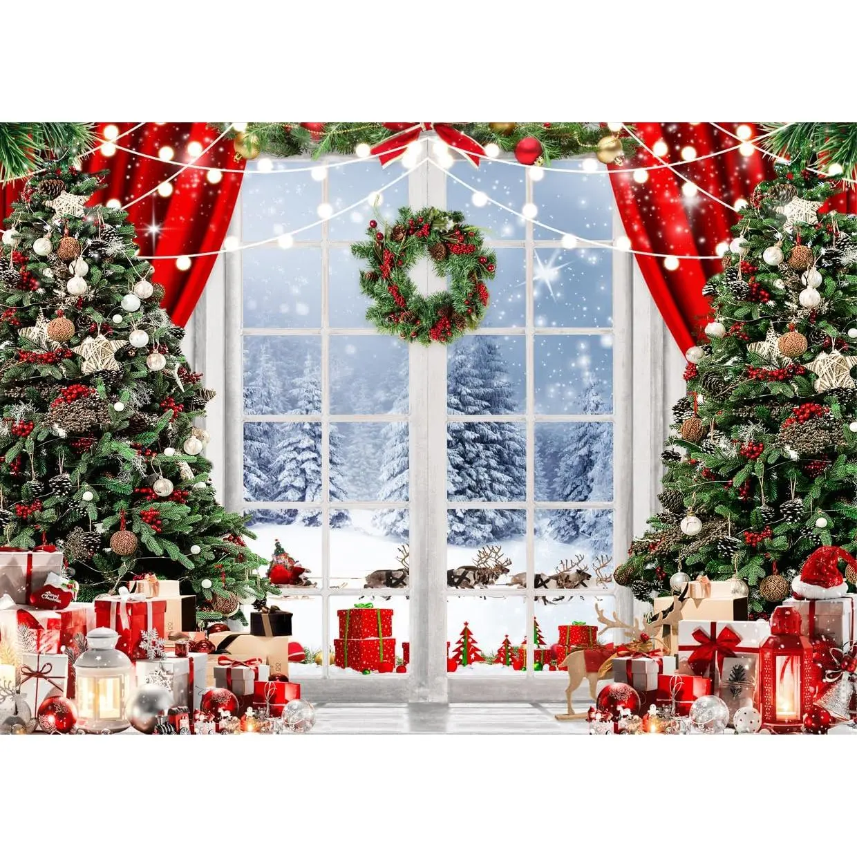 7X5ft Christmas Backdrop Winter Snow Scene Backdrop for Photography Christmas Window Background Xmas Tree & Party Decoration Banner X-171