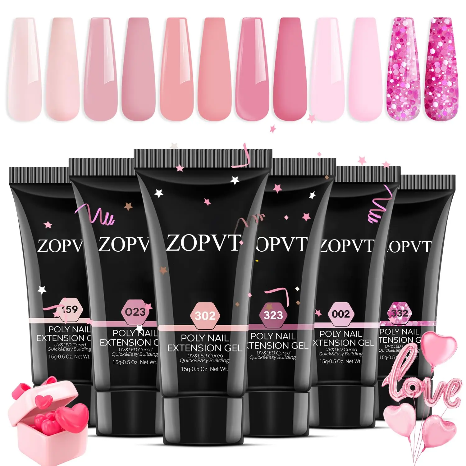 Poly Nail Gel Set, Nail Extension Kit, 6 Colors Confetti Series, Nude Glitter Color, Polyester Extension Gel, UV Nail Gel, Gel Nail Art, Summer Manicure DIY Home Salon Beauty Gift, Polygel Nail Kits