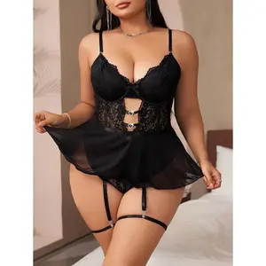 Women's Plus Size Black Polyester Lace & Mesh 4-Piece Sleeveless Short Lingerie Set - Spaghetti Strap Bra, Babydoll, Thong, Bodysuit, Adjustable Straps, Medium Stretch, Unlined, Hand-Wash Only, Classic Sexy Style